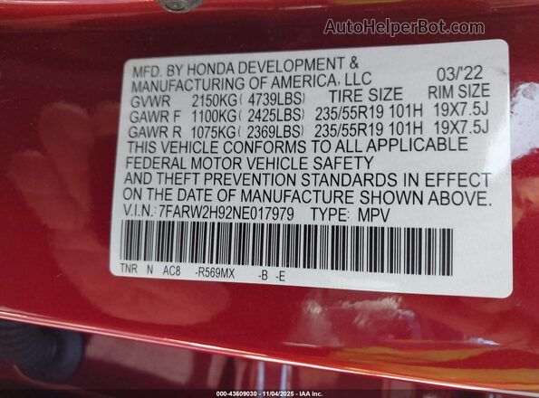 7FARW2H92NE017979 2022 HONDA CR-V Red Вид підкапотного простору