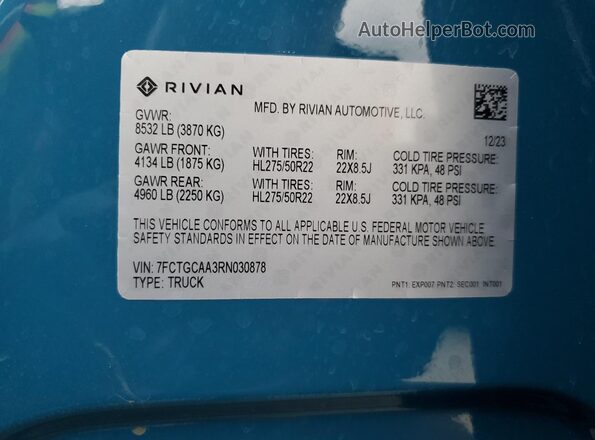 7FCTGCAA3RN030878 2024 RIVIAN R1T Blue Vista del compartimento del motor