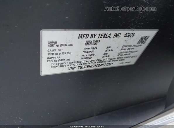 7G2CEHED4SA071001 2025 TESLA CYBERTRUCK Серебряный Вид подкапотного пространства