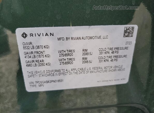 7PDSGABA2PN016531 2023 RIVIAN R1S Зеленый Панорамный вид салона 360°