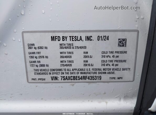 7SAXCBE54RF435319 2024 TESLA MODEL X Белый Вид подкапотного пространства