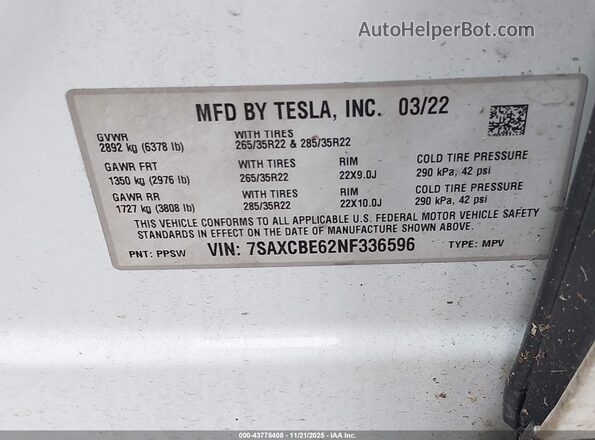 7SAXCBE62NF336596 2022 TESLA MODEL X Белый Вид подкапотного пространства