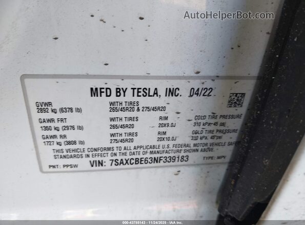 7SAXCBE63NF339183 2022 TESLA MODEL X White Вид підкапотного простору