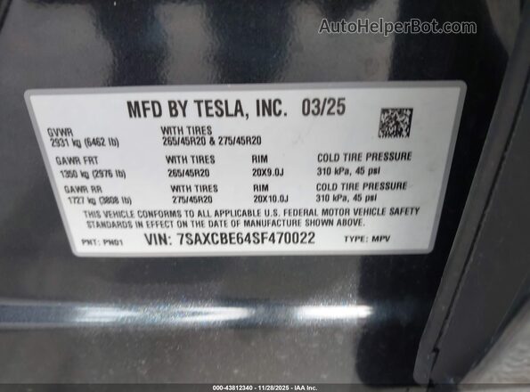 7SAXCBE64SF470022 2025 TESLA MODEL X Серый Вид подкапотного пространства