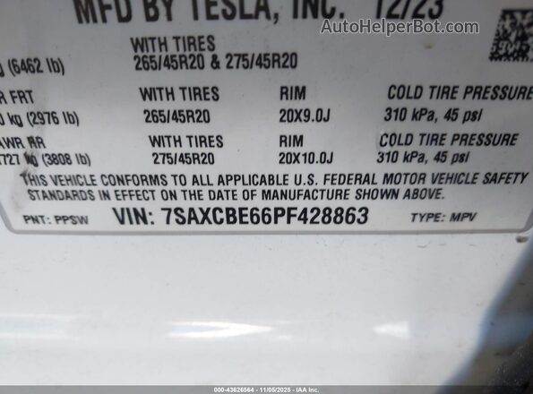 7SAXCBE66PF428863 2023 TESLA MODEL X White Вид підкапотного простору
