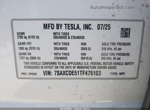 7SAXCDE51TF475103 2026 TESLA MODEL X Белый Вид подкапотного пространства