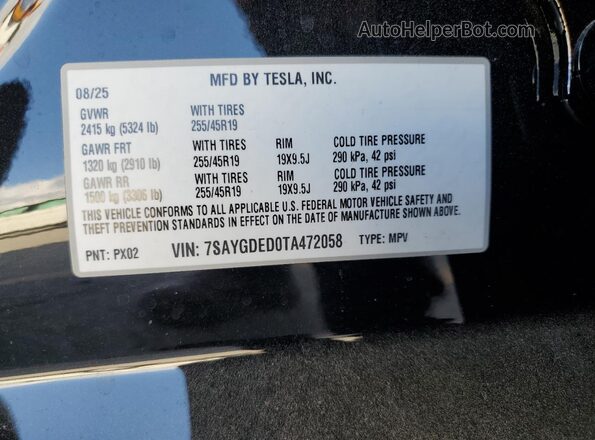 7SAYGDED0TA472058 2026 TESLA MODEL Charcoal VIN կոդի պիտակի տեսք