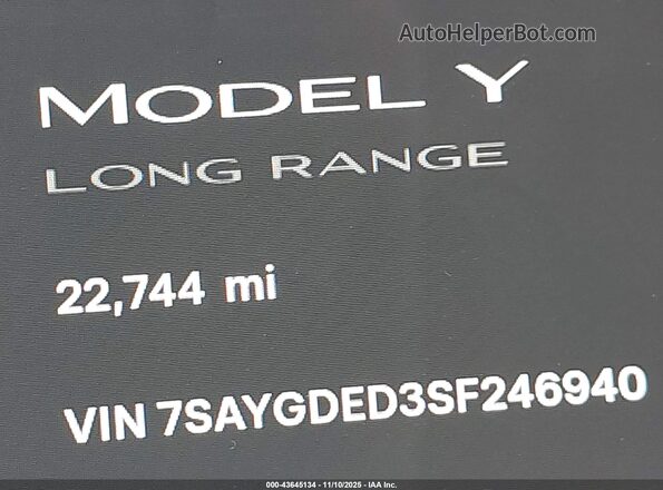 7SAYGDED3SF246940 2025 TESLA MODEL Y Черный Панорамный вид салона 360°