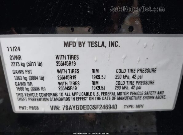 7SAYGDED3SF246940 2025 TESLA MODEL Y Черный Вид подкапотного пространства