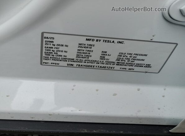 7SAYGDEE1TA461241 2026 TESLA MODEL White VIN sticker view