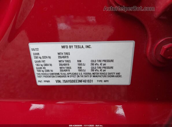 7SAYGDEE3NF461831 2022 TESLA MODEL Y Red Widok komory silnika