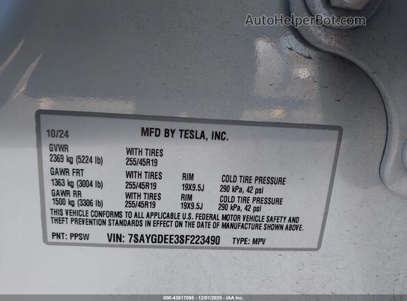 7SAYGDEE3SF223490 2025 TESLA MODEL Y White Շարժիչի բաժամունքի տեսք