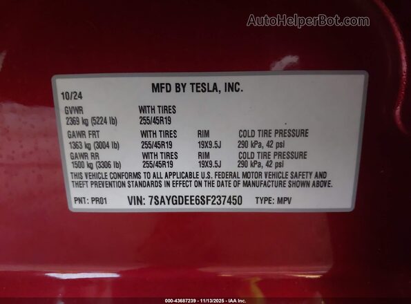 7SAYGDEE6SF237450 2025 TESLA MODEL Y Red Widok komory silnika