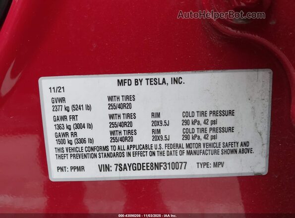 7SAYGDEE8NF310077 2022 TESLA MODEL Y Red Widok komory silnika