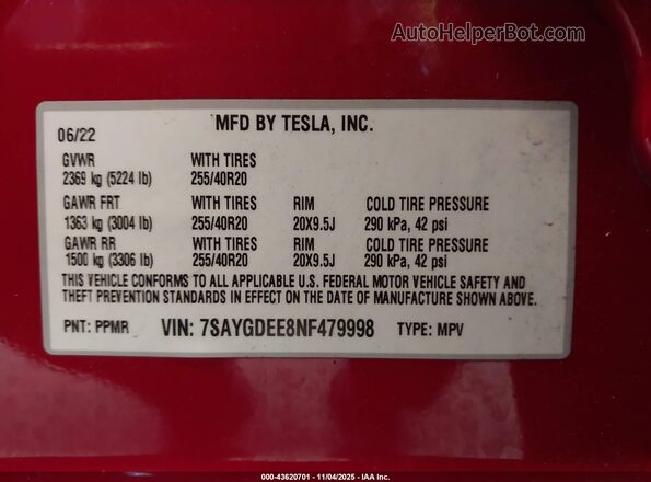 7SAYGDEE8NF479998 2022 TESLA MODEL Y Red Widok komory silnika