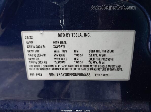 7SAYGDEE8NF504463 2022 TESLA MODEL Y Blue Widok komory silnika