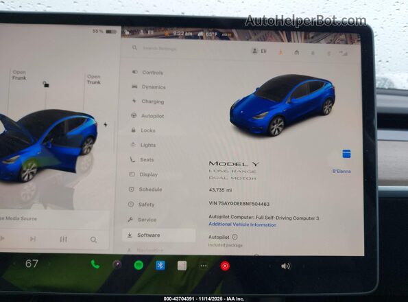 7SAYGDEE8NF504463 2022 TESLA MODEL Y Blue Widok tylnych siedzeń