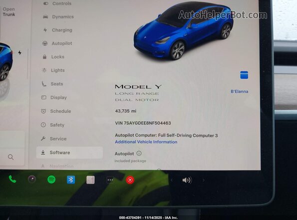 7SAYGDEE8NF504463 2022 TESLA MODEL Y Blue 