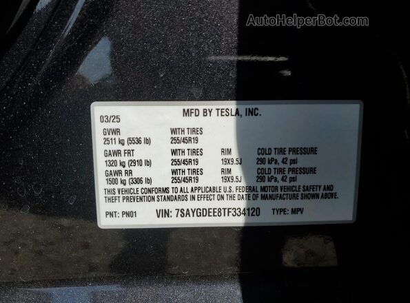 7SAYGDEE8TF334120 2026 TESLA MODEL Charcoal VIN կոդի պիտակի տեսք