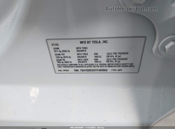 7SAYGDEE8TF409950 2026 TESLA MODEL Y White Widok komory silnika