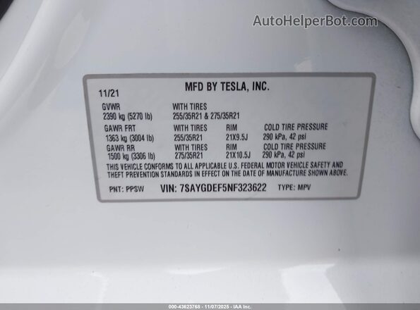 7SAYGDEF5NF323622 2022 TESLA MODEL Y White ძრავის განყოფილების ხედი