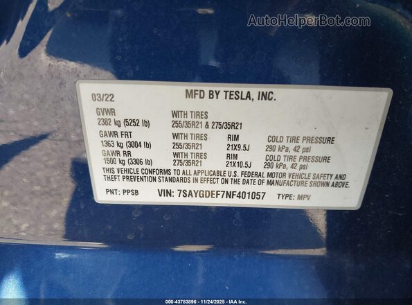 7SAYGDEF7NF401057 2022 TESLA MODEL Y Blue ძრავის განყოფილების ხედი