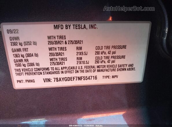 7SAYGDEF7NF554716 2022 TESLA MODEL Y Blue Widok komory silnika