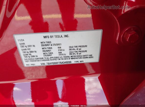 7SAYGDEF7SA349289 2025 TESLA MODEL Y Красный Вид задних сидений