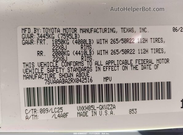 7SVAAABA2RX042516 2024 TOYOTA SEQUOIA Белый Вид подкапотного пространства