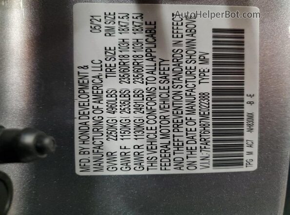 7FART6H87ME022388 2021 HONDA CRV Серебряный Панорамный вид салона 360°