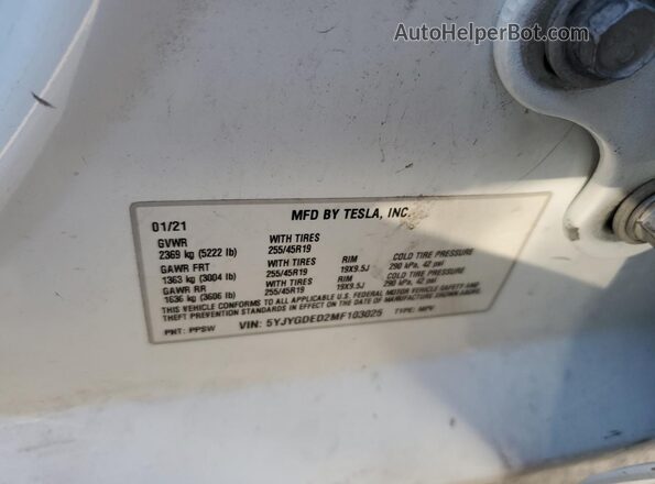 5YJYGDED2MF103025 2021 TESLA MODEL Белый Панорамный вид салона 360°