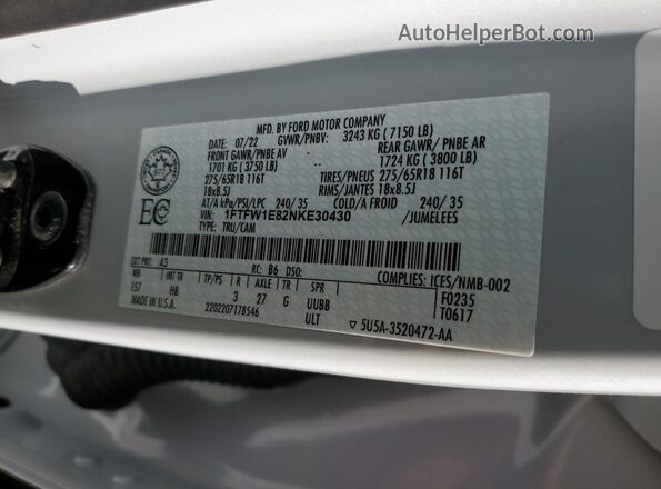 1FTFW1E82NKE30430 2022 FORD F150 Белый Вид наклейки с VIN-кодом