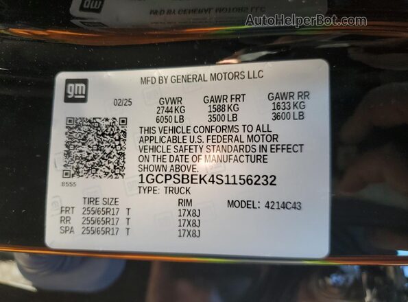 1GCPSBEK4S1156232 2025 CHEVROLET COLORADO Black Widok naklejki z numerem VIN