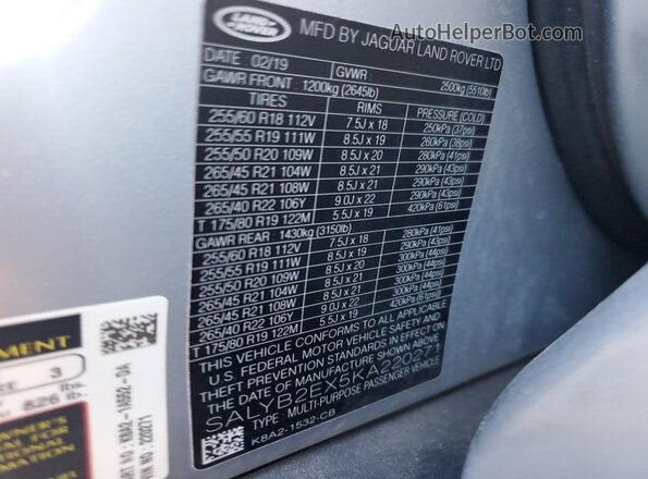 SALYB2EX5KA220271 2019 LAND ROVER RANGE ROVER Silver Vista interior de 360 grados