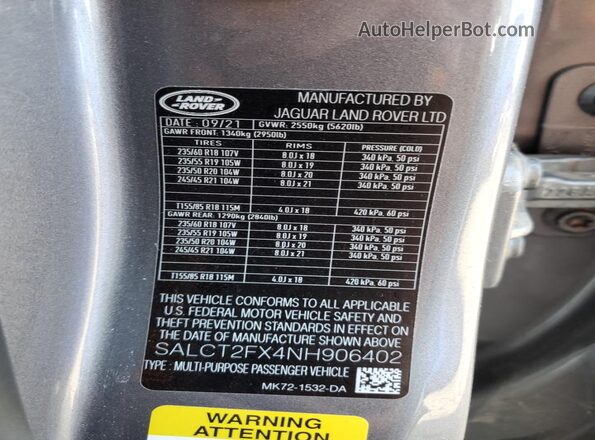 SALCT2FX4NH906402 2022 LAND ROVER DISCOVERY Gray Панорамний вид салону 360°