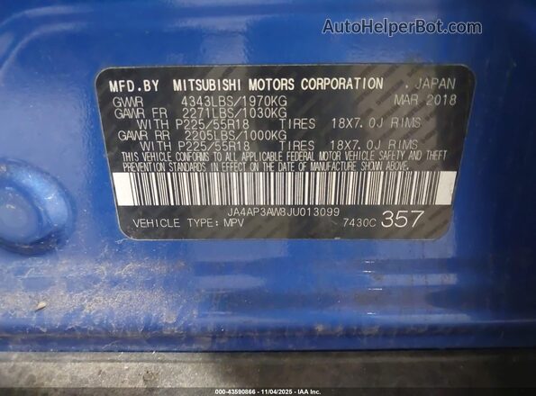 JA4AP3AW8JU013099 2018 MITSUBISHI OUTLANDER SPORT Blue Widok komory silnika