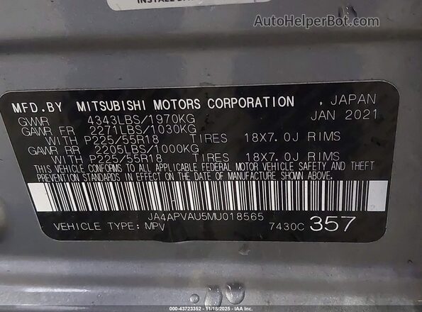 JA4APVAU5MU018565 2021 MITSUBISHI OUTLANDER SPORT Silver Widok komory silnika
