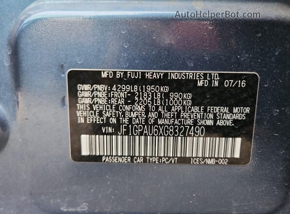 JF1GPAU6XG8327490 2016 SUBARU IMPREZA Синий Панорамный вид салона 360°