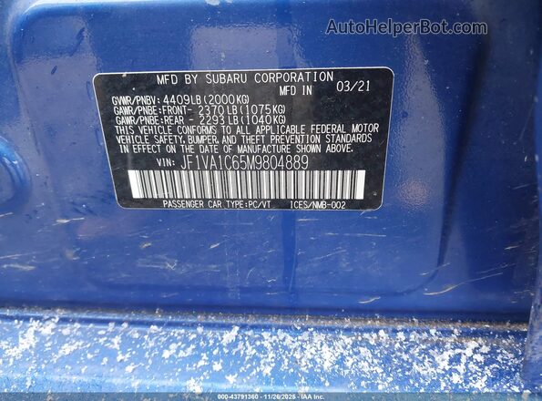 JF1VA1C65M9804889 2021 SUBARU WRX Blue Вид підкапотного простору