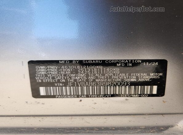 JF1VBAB63R9820093 2024 SUBARU WRX Silver VIN კოდის სტიკერის ხედი