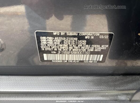 JF1VBAF68N9007160 2022 SUBARU WRX Серый Вид подкапотного пространства