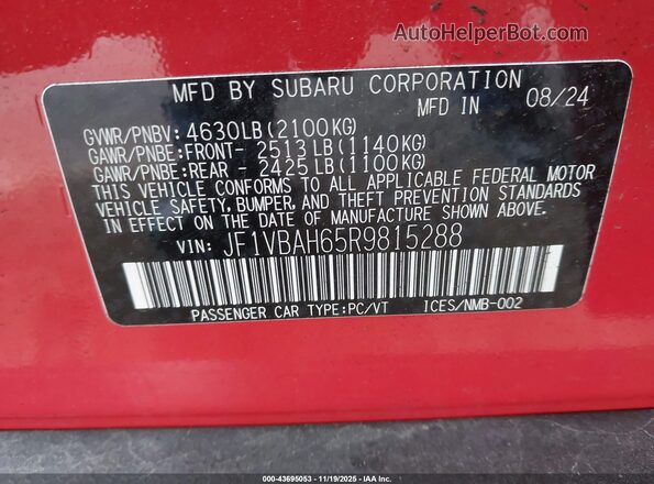 JF1VBAH65R9815288 2024 SUBARU WRX Red ძრავის განყოფილების ხედი