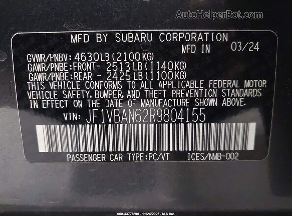 JF1VBAN62R9804155 2024 SUBARU WRX Gray Vista del compartimento del motor