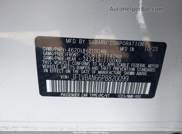 JF1VBAN66P8820099 2023 SUBARU WRX Белый Вид подкапотного пространства