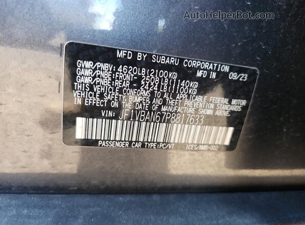 JF1VBAN67P8817633 2023 SUBARU WRX Gray ძრავის განყოფილების ხედი