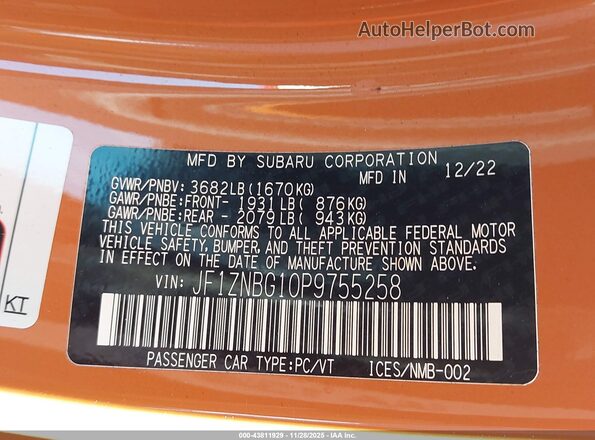 JF1ZNBG10P9755258 2023 TOYOTA GR86 Orange Widok komory silnika