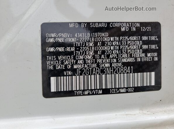 JF2GTABC3NH208841 2022 SUBARU CROSSTREK Белый Вид подкапотного пространства