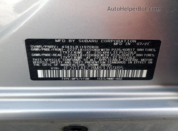 JF2GTAEC8M8376985 2021 SUBARU CROSSTREK Серебряный Панорамный вид салона 360°
