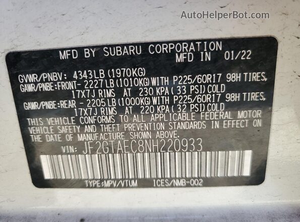 JF2GTAEC8NH220933 2022 SUBARU CROSSTREK Белый Вид наклейки с VIN-кодом