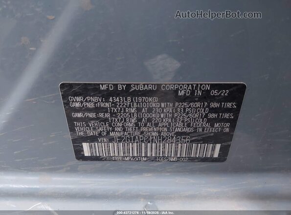 JF2GTAPC1NH284356 2022 SUBARU CROSSTREK Light Blue Вид підкапотного простору